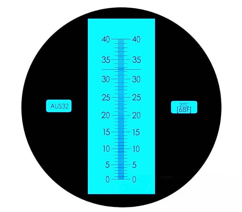 Skala optyczna 0–40 z napisami AUS32 i 20 °C (68 °F).