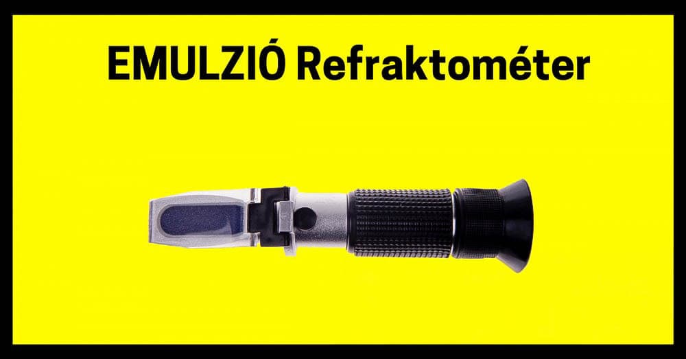 Czarny refraktometr ręczny na żółtym tle z węgierskim napisem „EMULZIÓ Refraktométer”.