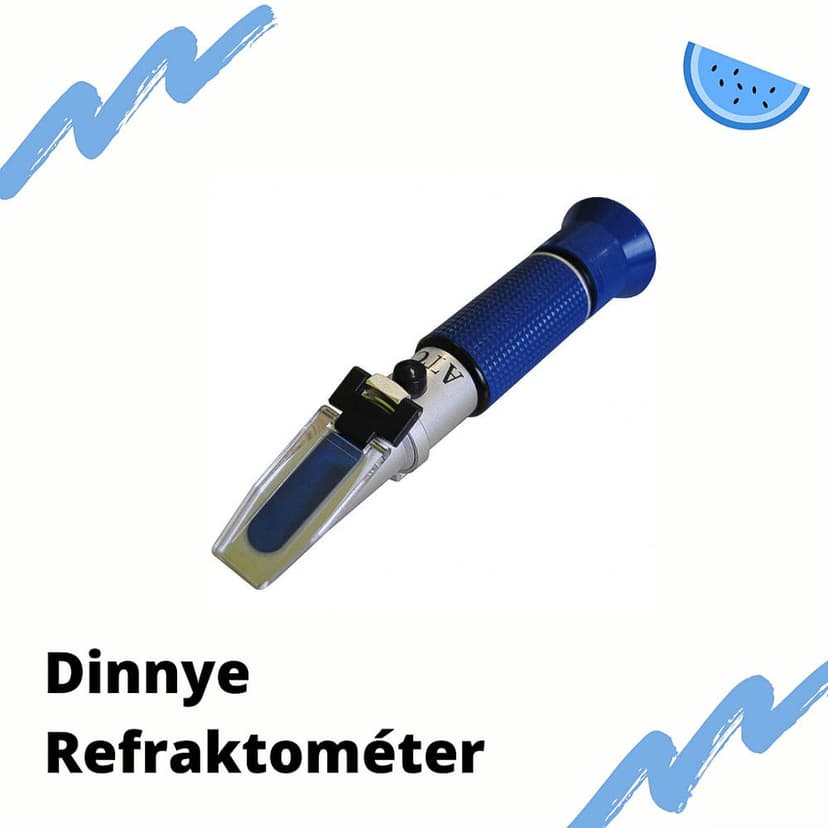Niebieski refraktometr ręczny z węgierskim napisem „Dinnye Refraktométer”.