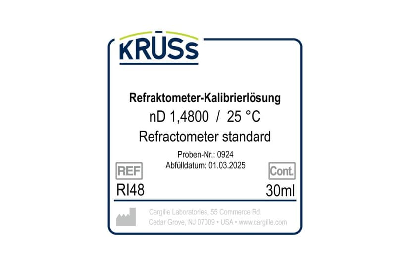 Etykieta płynu kalibracyjnego KRÜSS RI48, 1,4800 nD przy 25 °C, 30 ml
